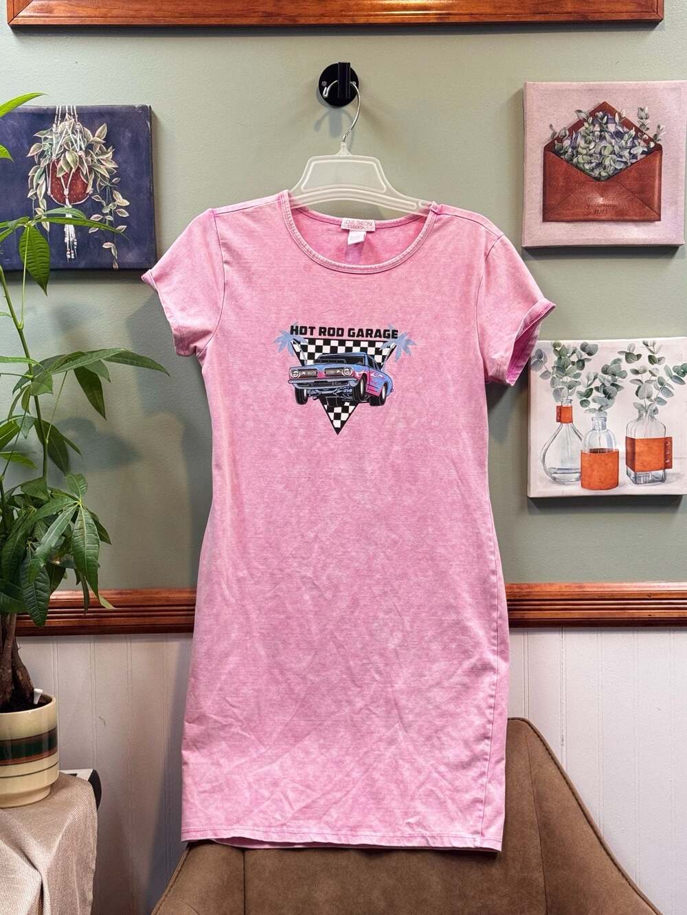 Love Theory Essentials Hot Rod Garage Acid Wash Graphic T-Shirt Dress